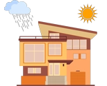 Energy-efficient house with solar panels during rain